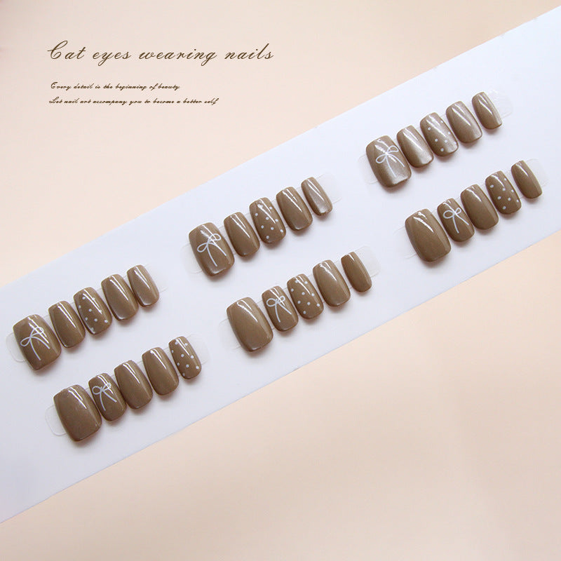 Whimsical Elegance Short Square Soft Brown Nail Set with Delicate White Designs