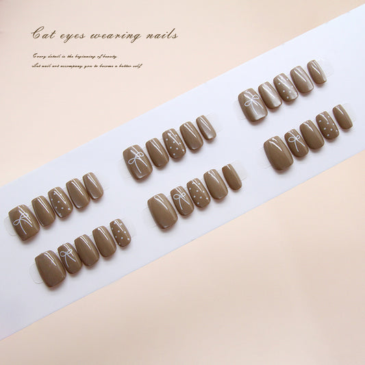 Whimsical Elegance Short Square Soft Brown Nail Set with Delicate White Designs