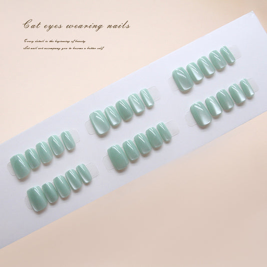 Enchanting Meadow Green Short Square Press-On Nail Set with Iridescent Cat Eye Effect