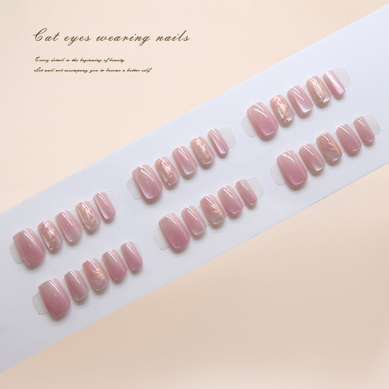 Enchanted Elegance Short Square Soft Pink Shimmering Cat Eye Press on Nail Set