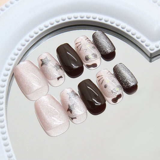 Whimsical Night Sky Short Square Pink and Brown Nail Set with Starry Glitter Accents