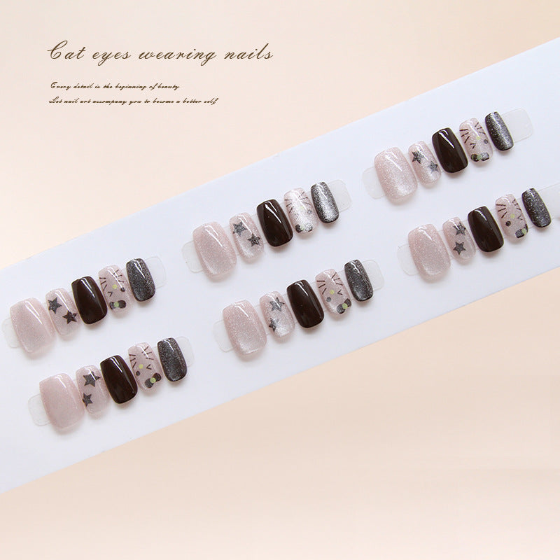 Enchanting Cat Eye Charm Short Square Blush Pink and Deep Brown Press On Nail Set with Whimsical Star Accents