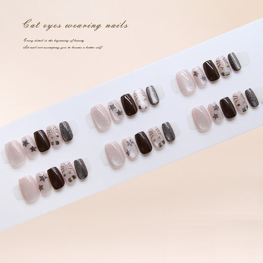Enchanting Cat Eye Charm Short Square Blush Pink and Deep Brown Press On Nail Set with Whimsical Star Accents