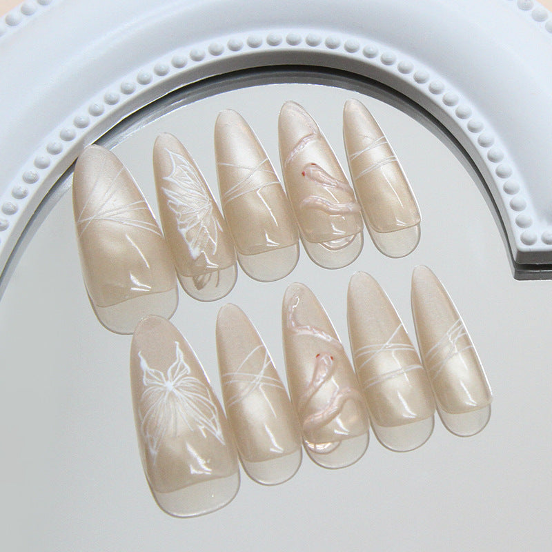 Elegant Butterfly Dreams Long Almond Shaped Transparent Beige Nail Set with Intricate Floral Designs