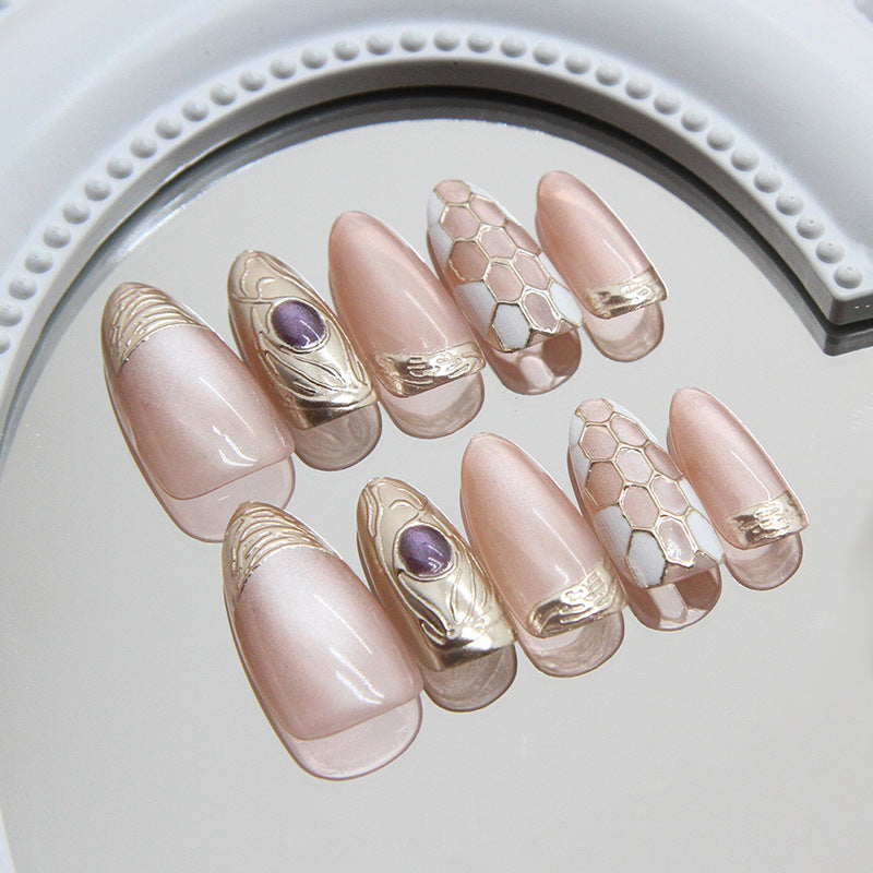 Elegant Hive Inspired Short Almond Salmon Pink Nails with Luxe Golden Accents