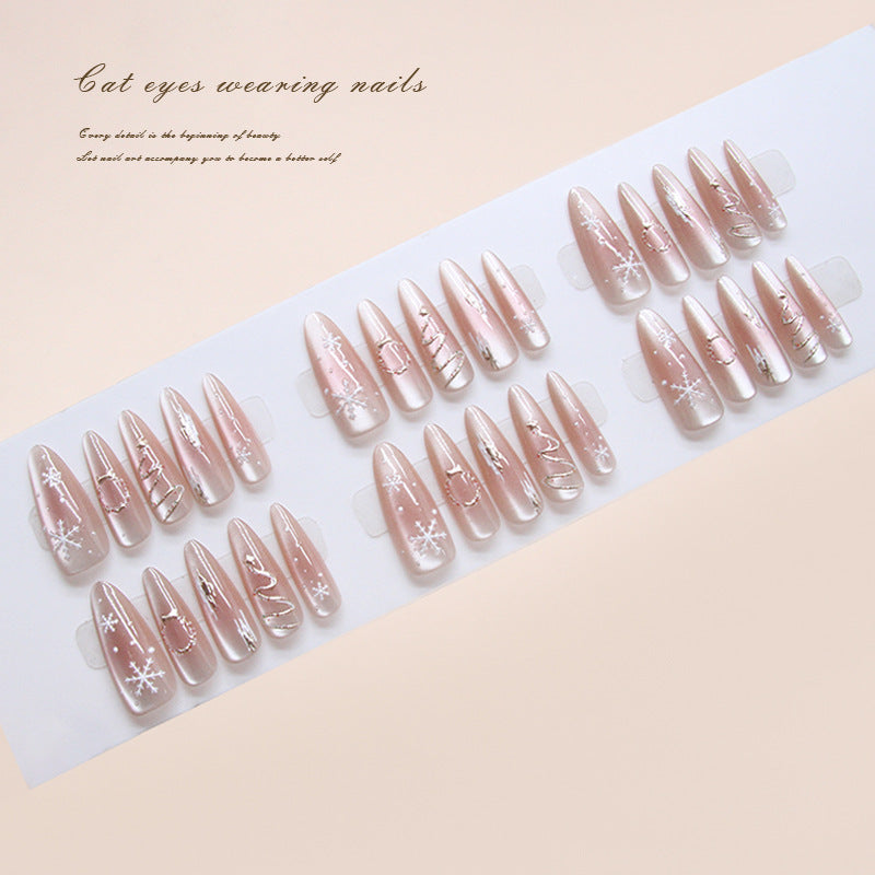 Charmed Elegance Long Almond Pink Cat Eye Press On Nail Set with Sparkling Designs