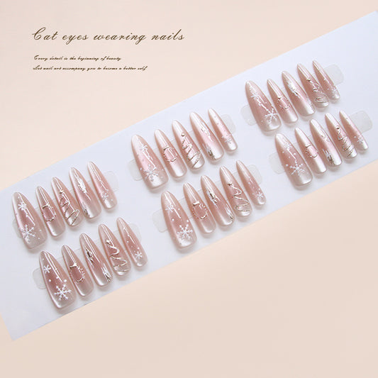 Charmed Elegance Long Almond Pink Cat Eye Press On Nail Set with Sparkling Designs