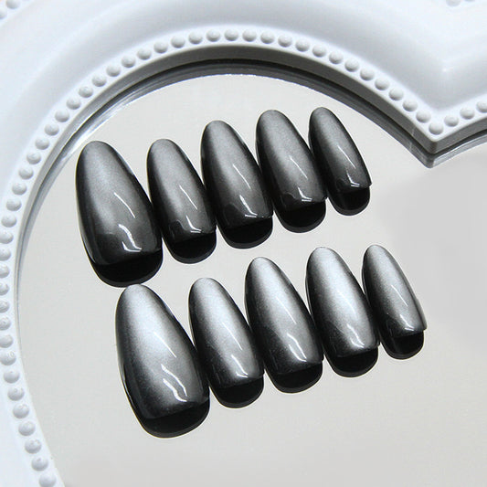 Mystical Elegance Long Almond Shaped Charcoal Gray Press On Nail Set with Mirror Finish