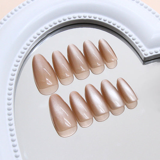 Glamorous Elegance Medium Almond Shape Soft Beige Color with Iridescent Shine Press-On Nail Set