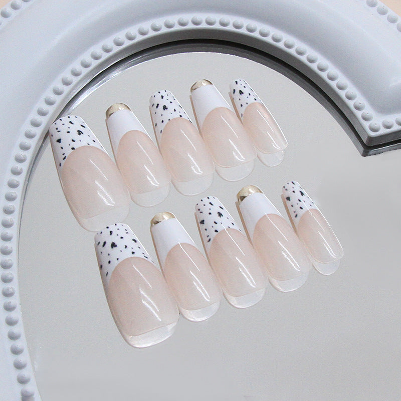 Chic Elegance Long Coffin Shaped Beige and White Press-On Nail Set with Eye-Catching Gold Accents