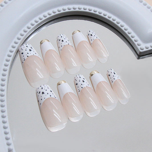 Chic Elegance Long Coffin Shaped Beige and White Press-On Nail Set with Eye-Catching Gold Accents