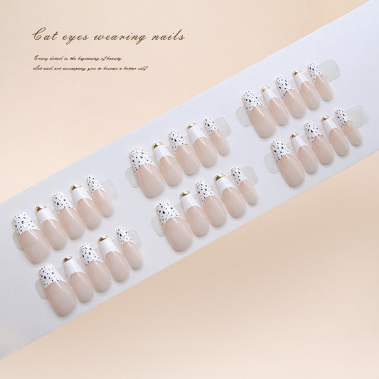 Whimsical Elegance Long Coffin Beige with Dotted White and Metallic Tips Press-On Nail Set