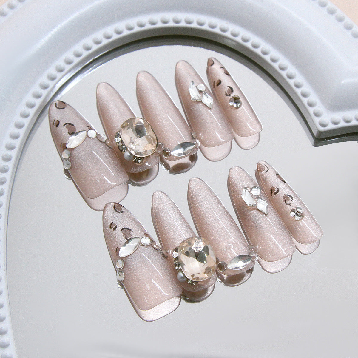Glamorous Elegance Long Almond Beige Nail Set with Sparkling Rhinestone Accents