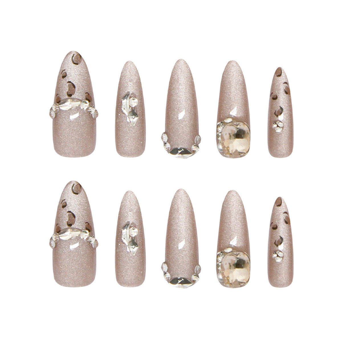 Glamorous Elven Dream Long Coffin Glittering Beige Nail Set with Dazzling Gem Accents