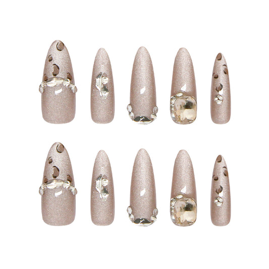 Glamorous Elven Dream Long Coffin Glittering Beige Nail Set with Dazzling Gem Accents