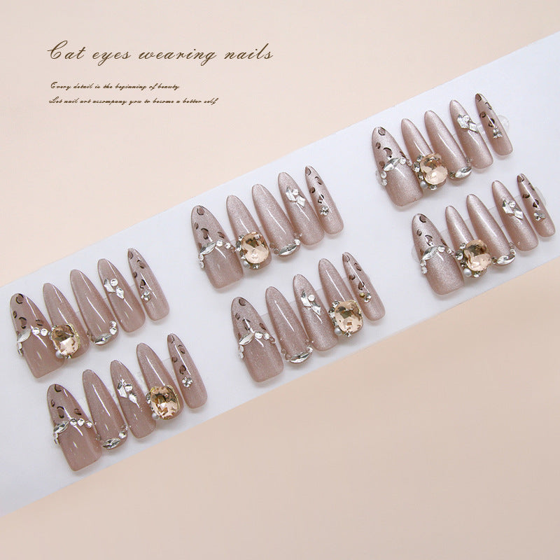 Elegant Whimsy Press-On Nail Set Long Almond Shaped Soft Beige with Sparkling Rhinestones