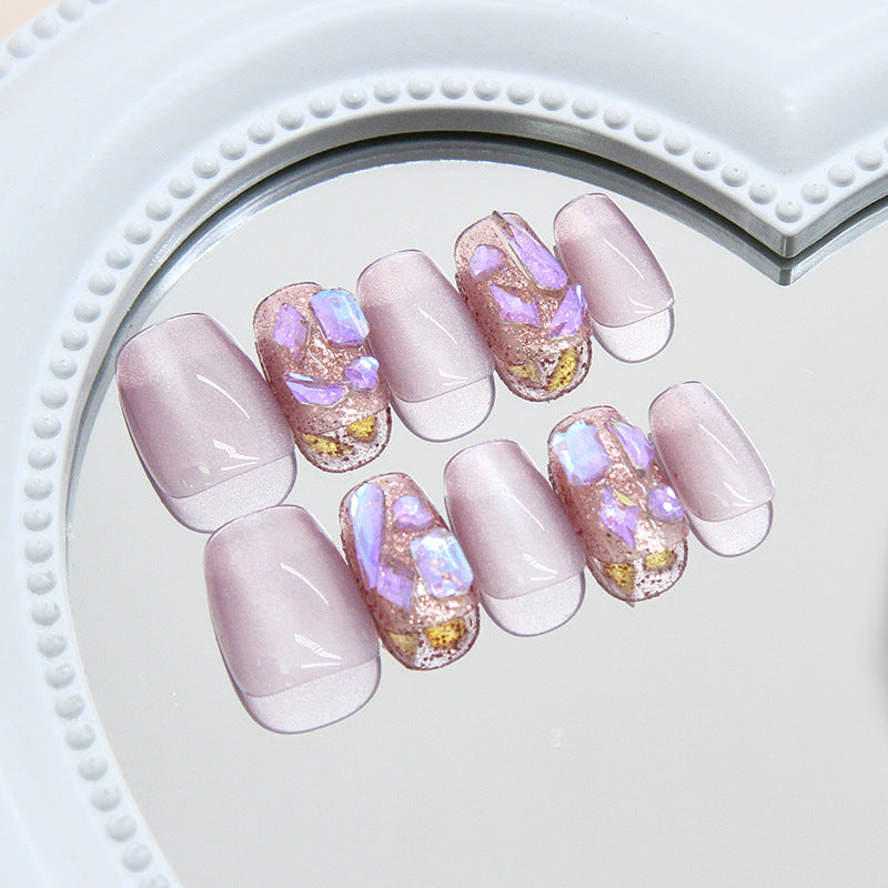 Dreamy Elegance Short Square Soft Pink with Iridescent Gem Accents Press on Nail Set