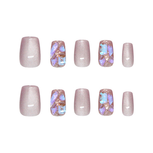 Glamorous Elegance Short Square Pink Gradient Press On Nail Set with Iridescent Gem Accents