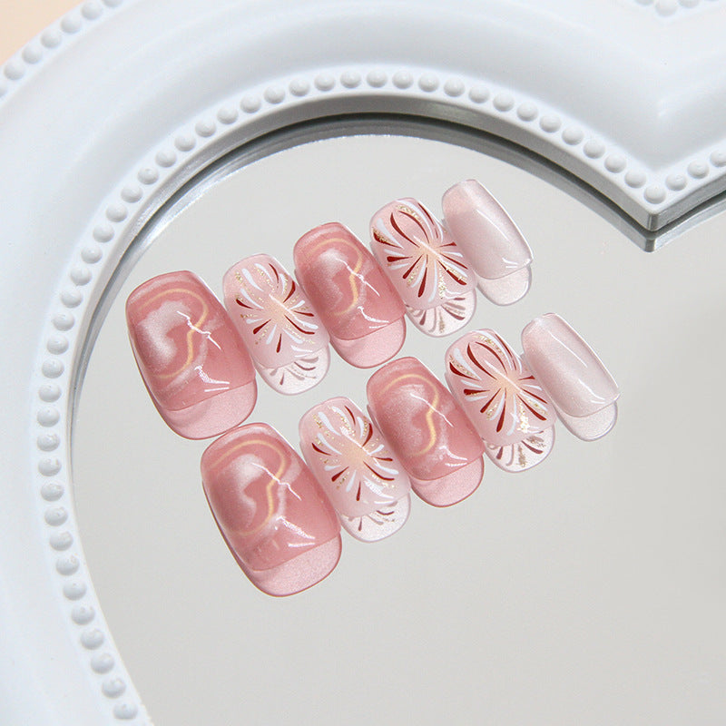 Floral Elegance Short Coffin Pink Press On Nail Set with Intricate White Flower Design