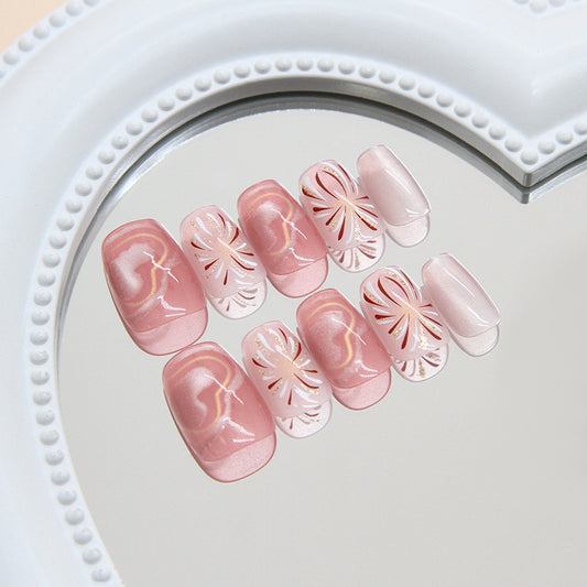 Floral Elegance Short Coffin Pink Press On Nail Set with Intricate White Flower Design