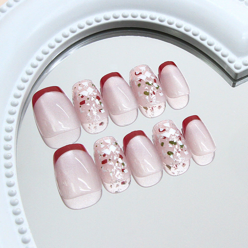Festive Elegance Short Coffin Translucent Pink with Red Tips and Glitter Accents Press On Nail Set