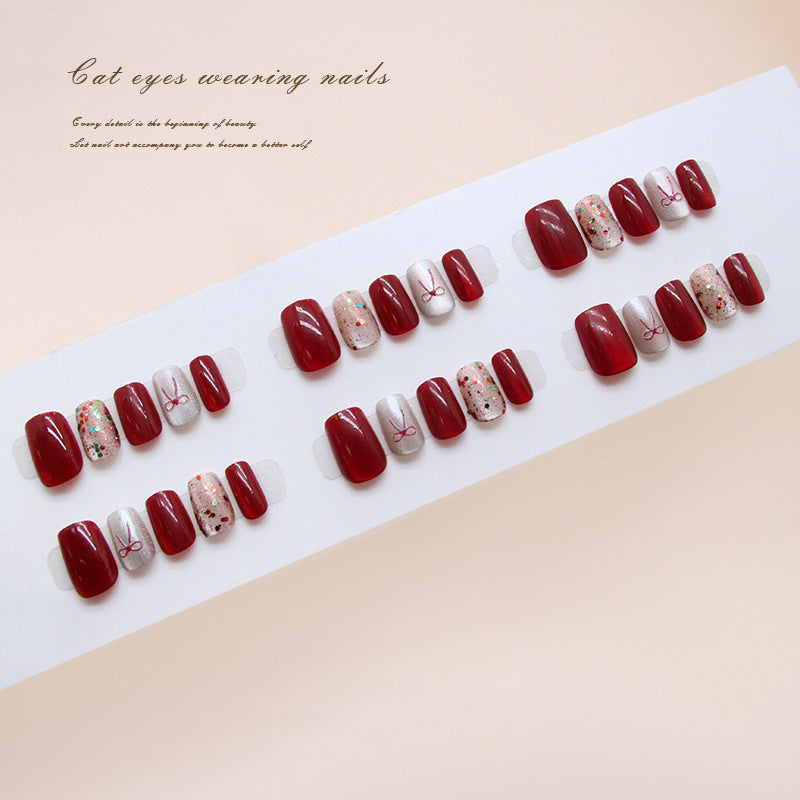 Charming Elegance Short Square Red and Sparkling Glitter Press On Nail Set