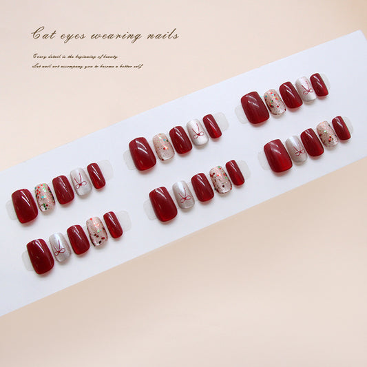 Charming Elegance Short Square Red and Sparkling Glitter Press On Nail Set
