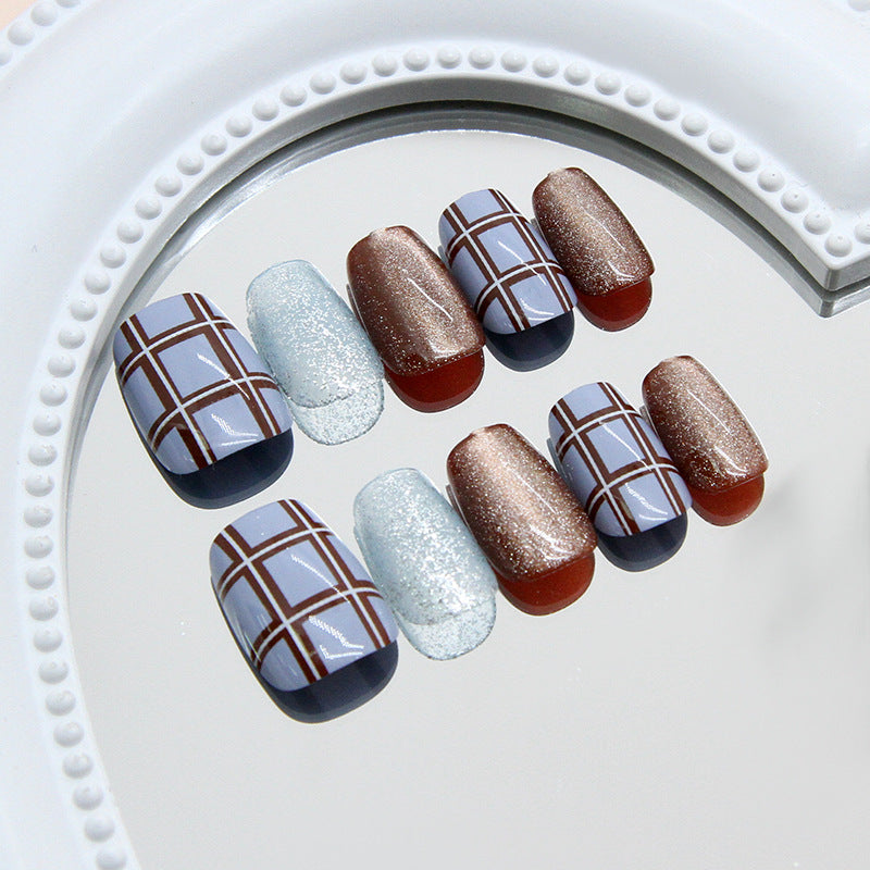 Charming Winter Vibes Short Coffin Blue Brown Glitter and Plaid Press on Nail Set