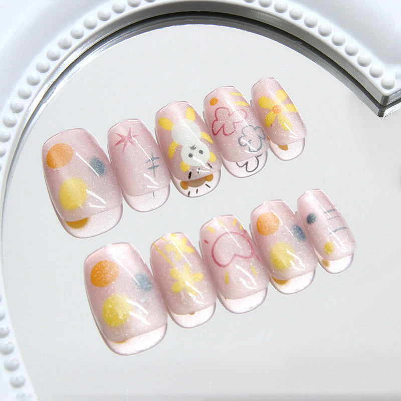 Whimsical Pastel Short Coffin Press On Nail Set with Playful Floral and Cartoon Designs