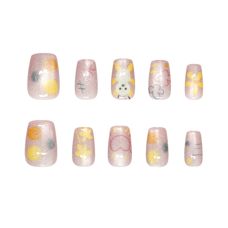 Whimsical Garden Pink Short Coffin Press-On Nail Set with Sparkling Floral Designs and Cute Characters