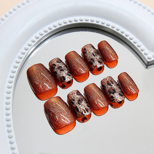 Wild Safari Inspired Ombre Medium Square Press On Nail Set in Warm Amber with Stunning Glitter and Bold Leopard Accents