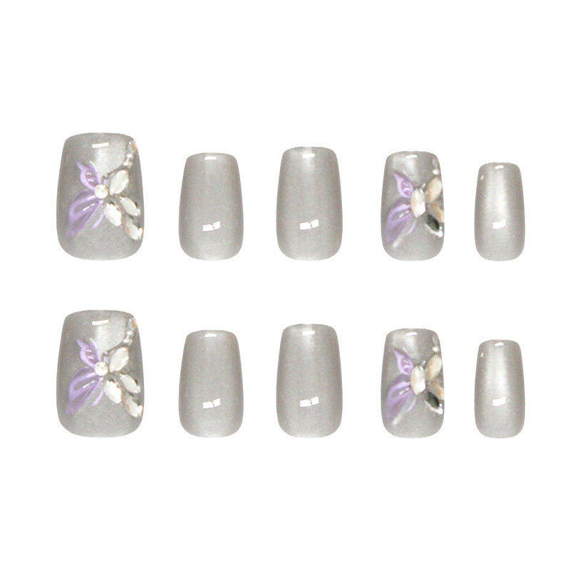 Enchanting Floral Elegance Short Square Gray Press On Nail Set with Stunning Floral Accent