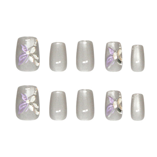 Enchanting Floral Elegance Short Square Gray Press On Nail Set with Stunning Floral Accent