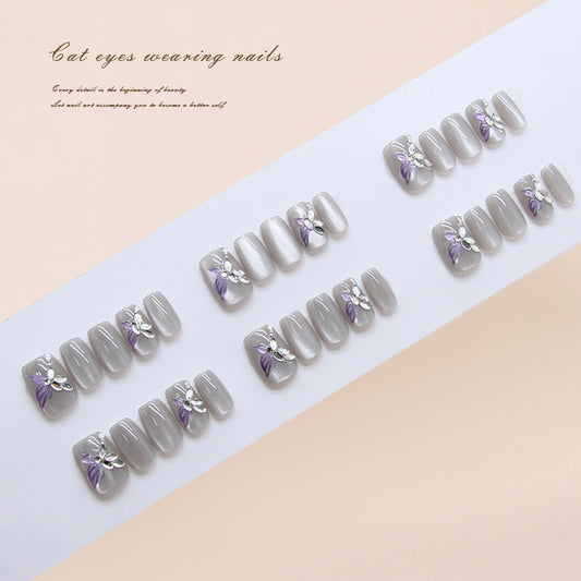 Enchanting Elegance Short Square Gray Cat Eye Press On Nail Set with Floral Detailing