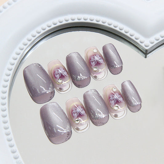 Enchanting Elegance Medium Square Soft Purple Glossy Press On Nail Set with Floral Designs and Rhinestones