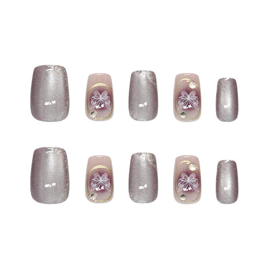 Vintage Glamour Medium Square Shimmering Silver Press On Nail Set with Floral Accents