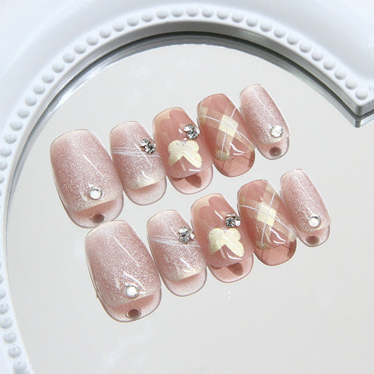 Whimsical Elegance Medium Square Shaped Blush Pink Press On Nail Set with Sparkling Diamond Accents