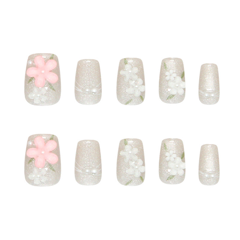 Whimsical Garden Short Square Glittery White with Floral Accents Press On Nail Set