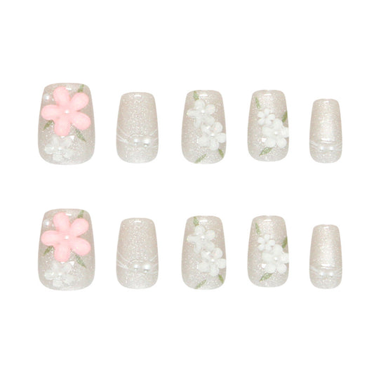 Whimsical Garden Short Square Glittery White with Floral Accents Press On Nail Set