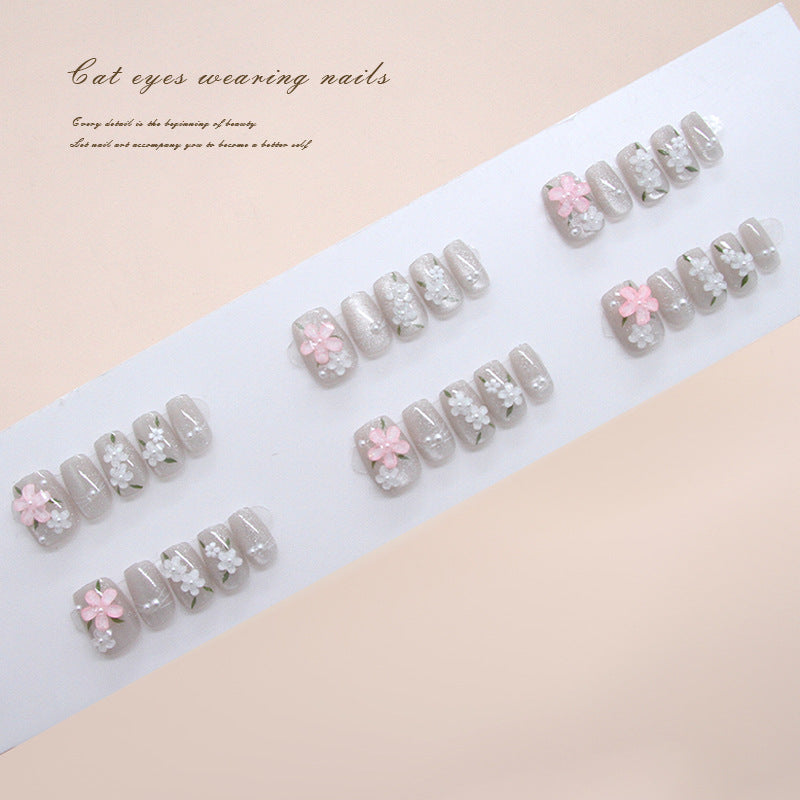 Floral Fantasy Short Square Soft Gray Press On Nail Set with Charming Blossom Accents