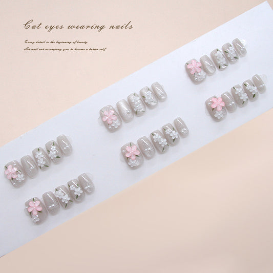 Floral Fantasy Short Square Soft Gray Press On Nail Set with Charming Blossom Accents