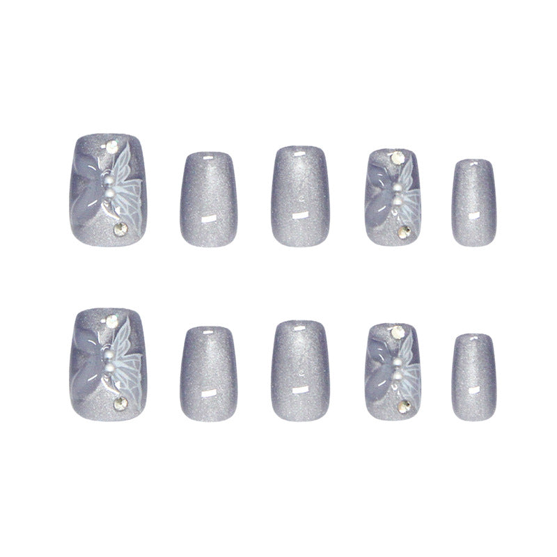 Mystical Sparkle Short Square Gray Press-On Nail Set with Floral Design and Rhinestone Accents