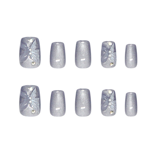 Mystical Sparkle Short Square Gray Press-On Nail Set with Floral Design and Rhinestone Accents