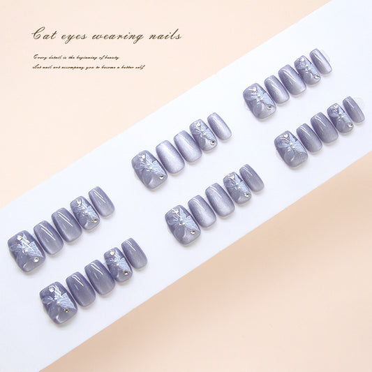 Whimsical Midnight Dream Short Square Soft Lavender with Floral Accents Press-On Nail Set