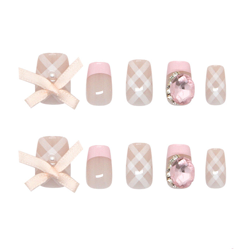 Charming Pastels Short Square Pink Plaid with Elegant Gem Detail Press-On Nail Set