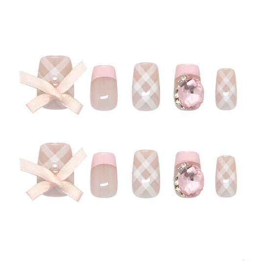 Charming Pastels Short Square Pink Plaid with Elegant Gem Detail Press-On Nail Set