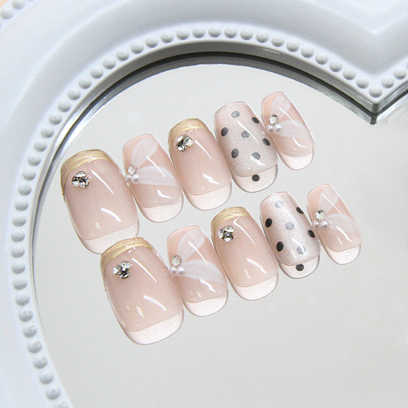 Chic Elegance Short Square Beige with Polka Dots and Rhinestone Accents Press On Nail Set