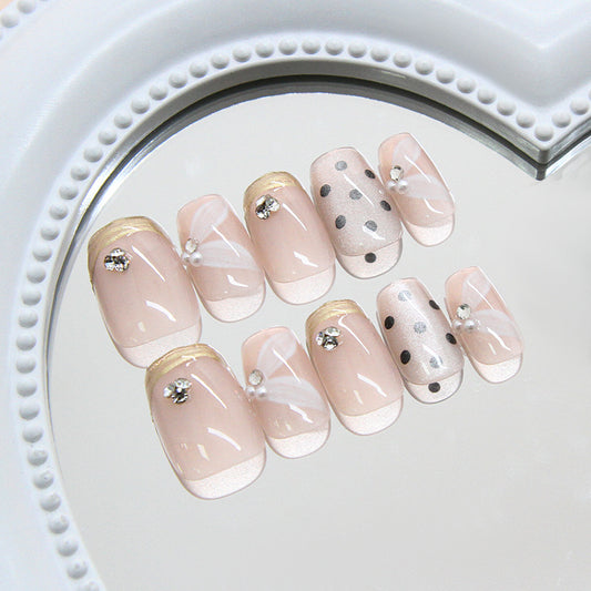 Chic Elegance Short Square Beige with Polka Dots and Rhinestone Accents Press On Nail Set