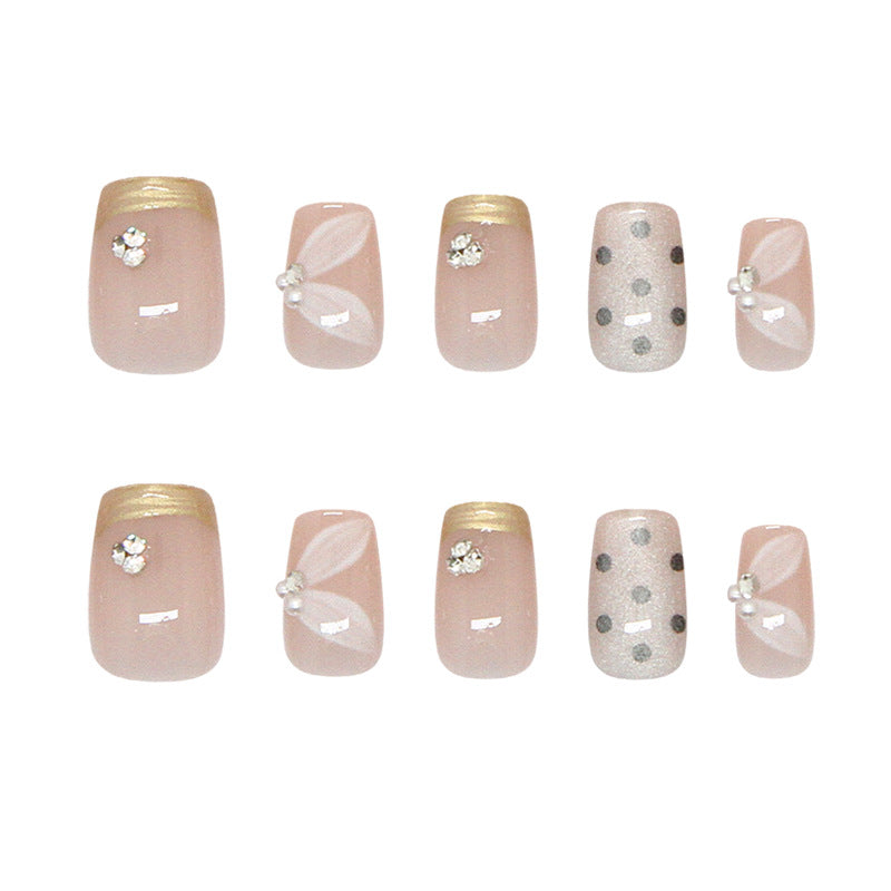 Elegant Garden Bliss Short Square Blush Press On Nail Set with Sparkling Gem and Polka Dot Design
