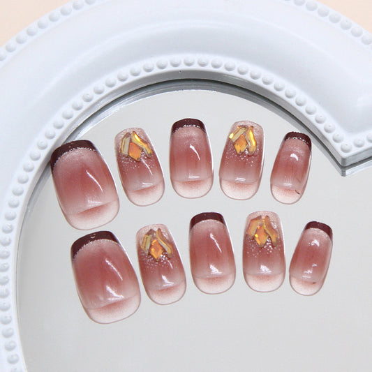 Elegant Serenity Medium Square Glossy Ombre Brown with Glittering Gem Accents Press On Nail Set